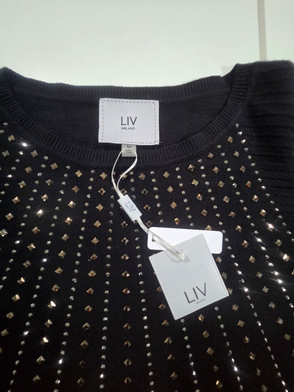 LIV Milano Black Studded Rhinestone Sweater M NWT